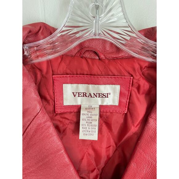 Vintage 90s Y2K Red Pieced Leather Jacket Coat 20W Plus Size Veranesi Moto - Picture 6 of 15